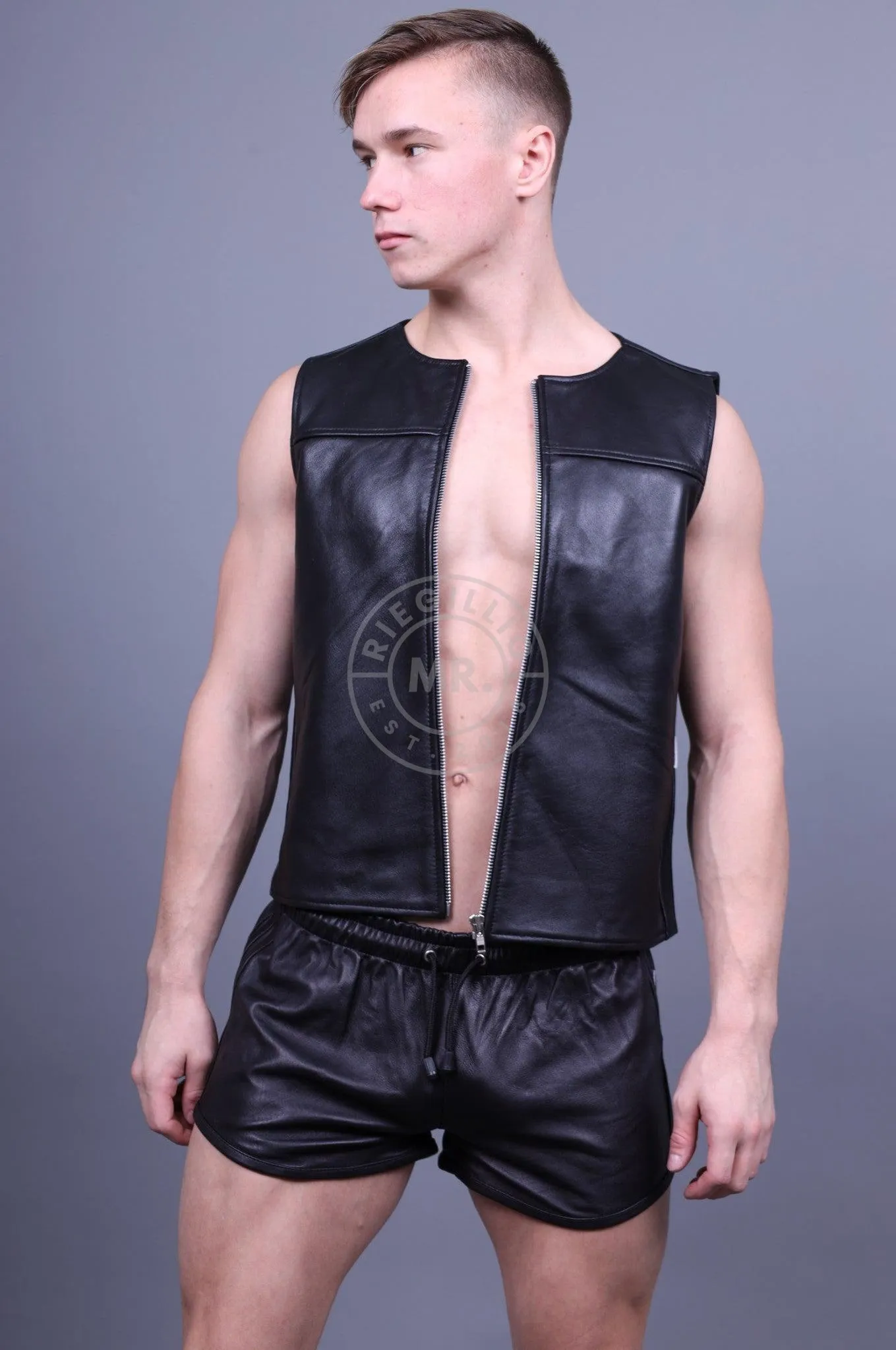 Leather Zipper Vest - Black