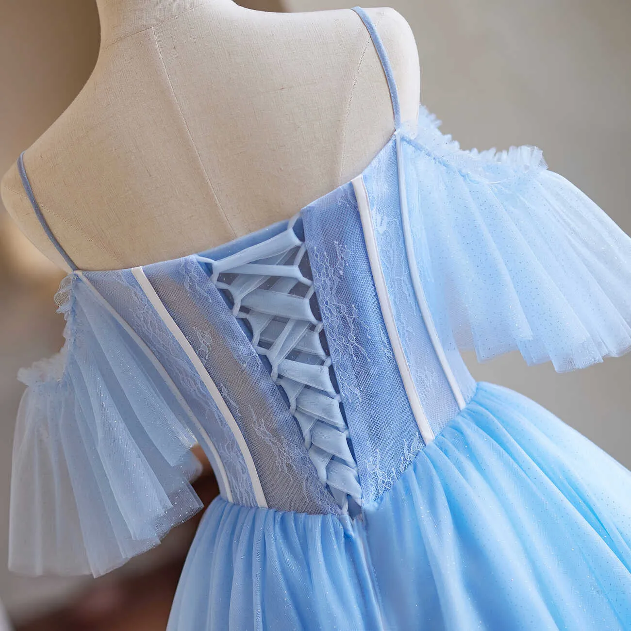 Light Blue Beaded Knee Length Tulle Party Dress, Light Blue Homecoming Dress