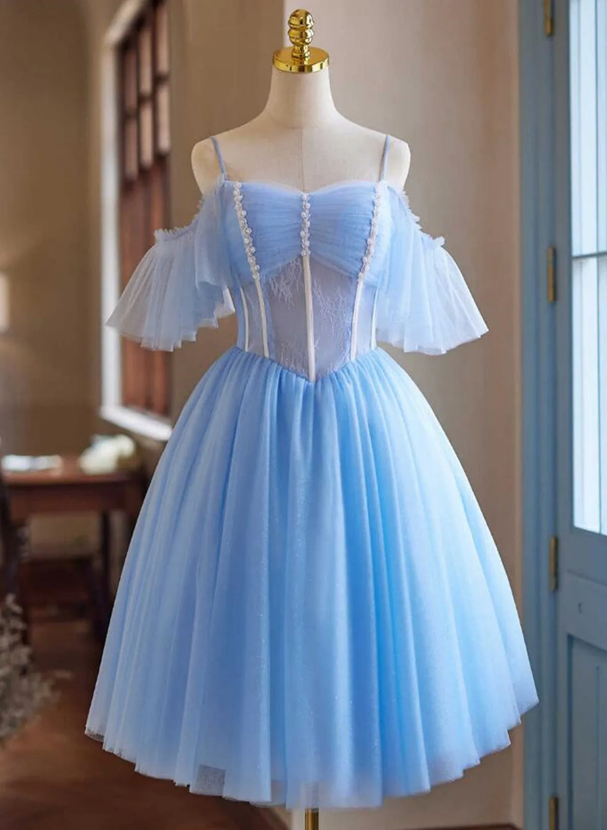 Light Blue Beaded Knee Length Tulle Party Dress, Light Blue Homecoming Dress