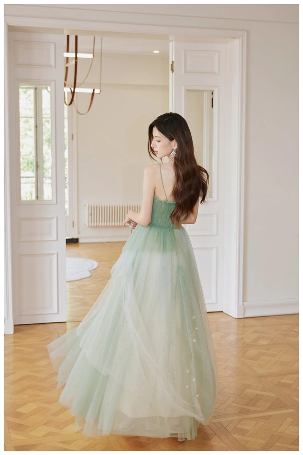 Light Green Tulle Straps Long Party Dress, A-line Light Green Prom Dress