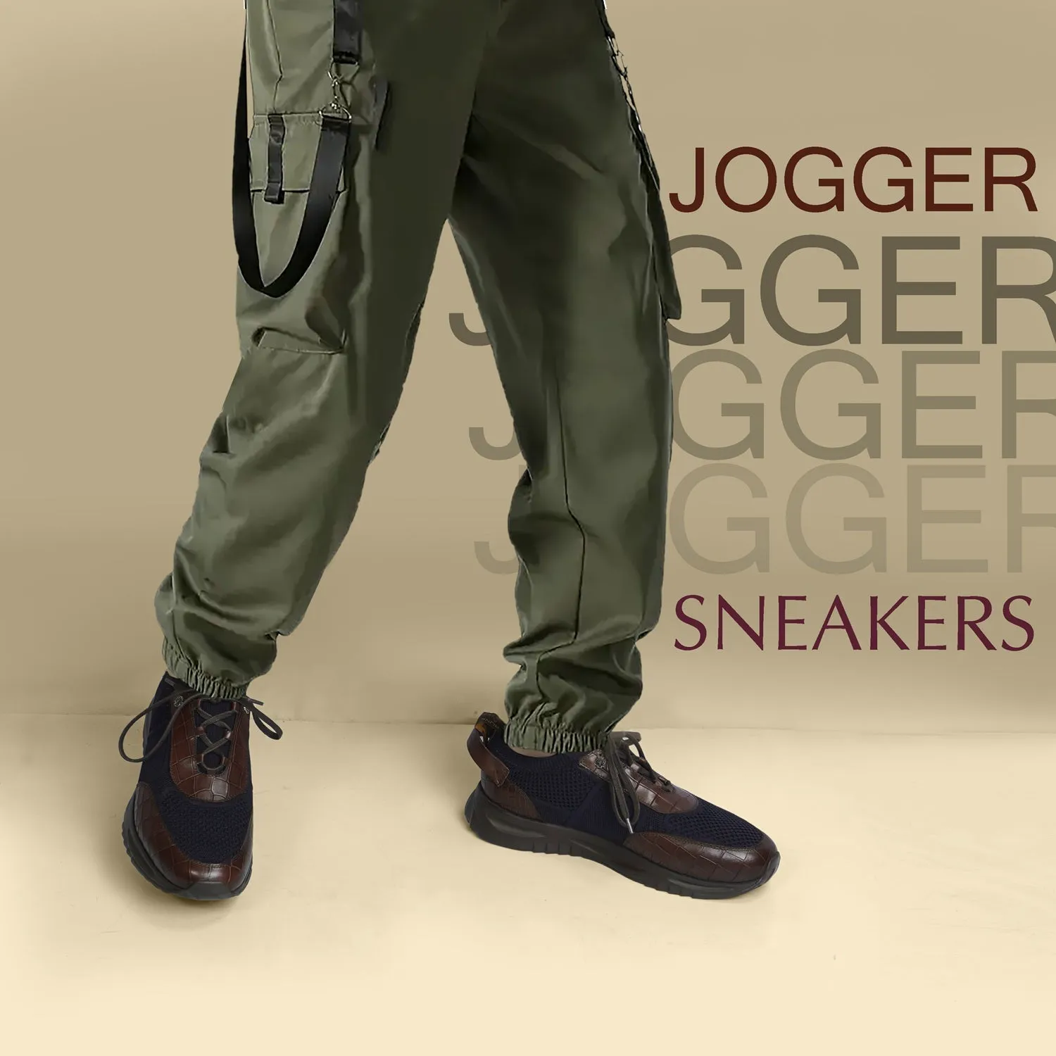 Light Weight Jogger in Contrasting Brown Leather & Blue Mesh