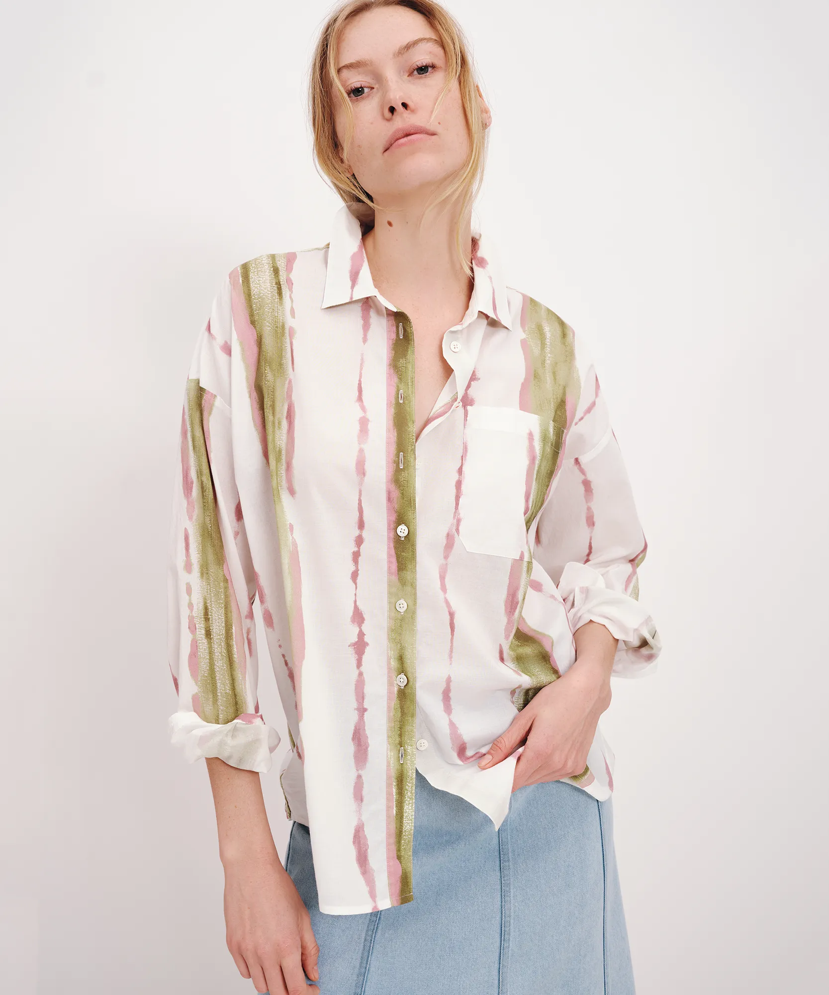 Lightweight Shirting with Paintstroke Boyfriend Shirt - White-Multi