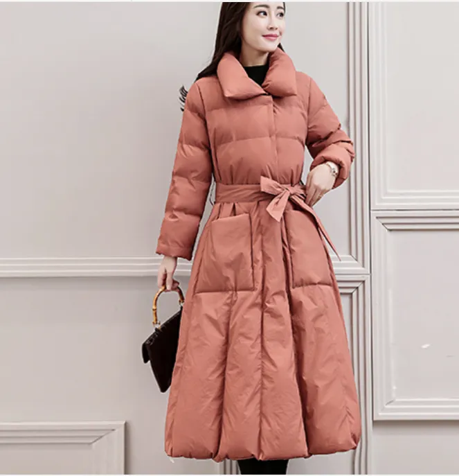 Long Winter Puffer Coat Thick Winter Waist Belt Women Down Coats 30214