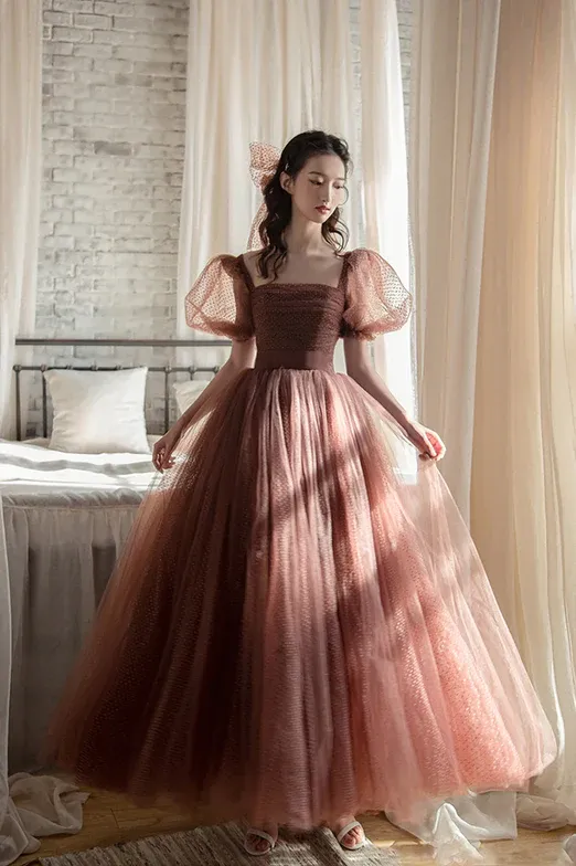 Lovely Puffy Sleeves Tulle Long Party Dress, Scoop Ball Gown Long Prom Dress