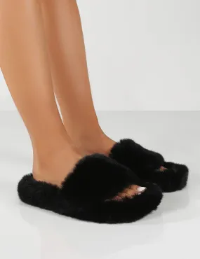 Lucky Black Faux Fur Slider Slipper