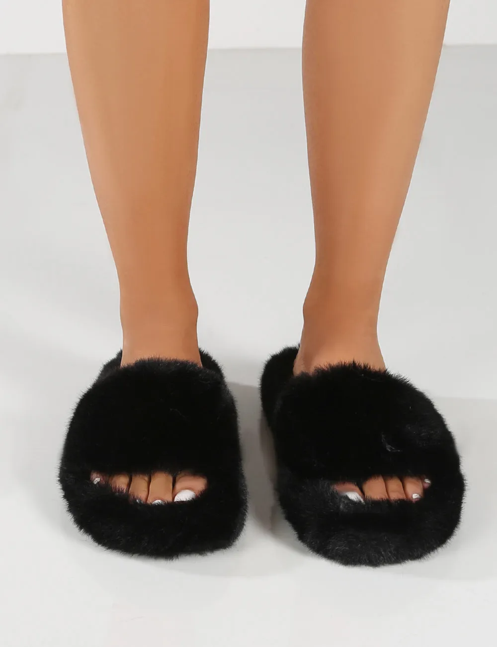 Lucky Black Faux Fur Slider Slipper