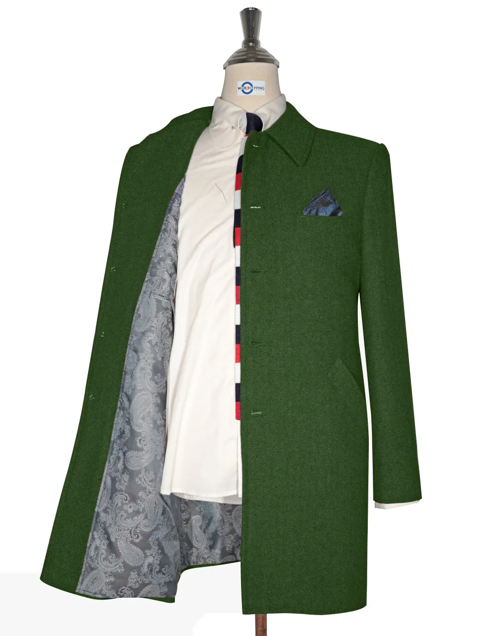 Mac Coat Men's | 60 s Vintage Style Green Herringbone Mac Coat