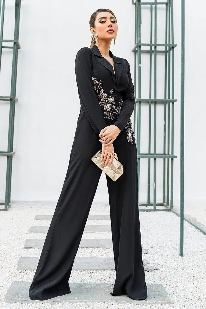 Malook - Ciara - Black - Embroidered Silk- Jumpsuit - 1 Piece