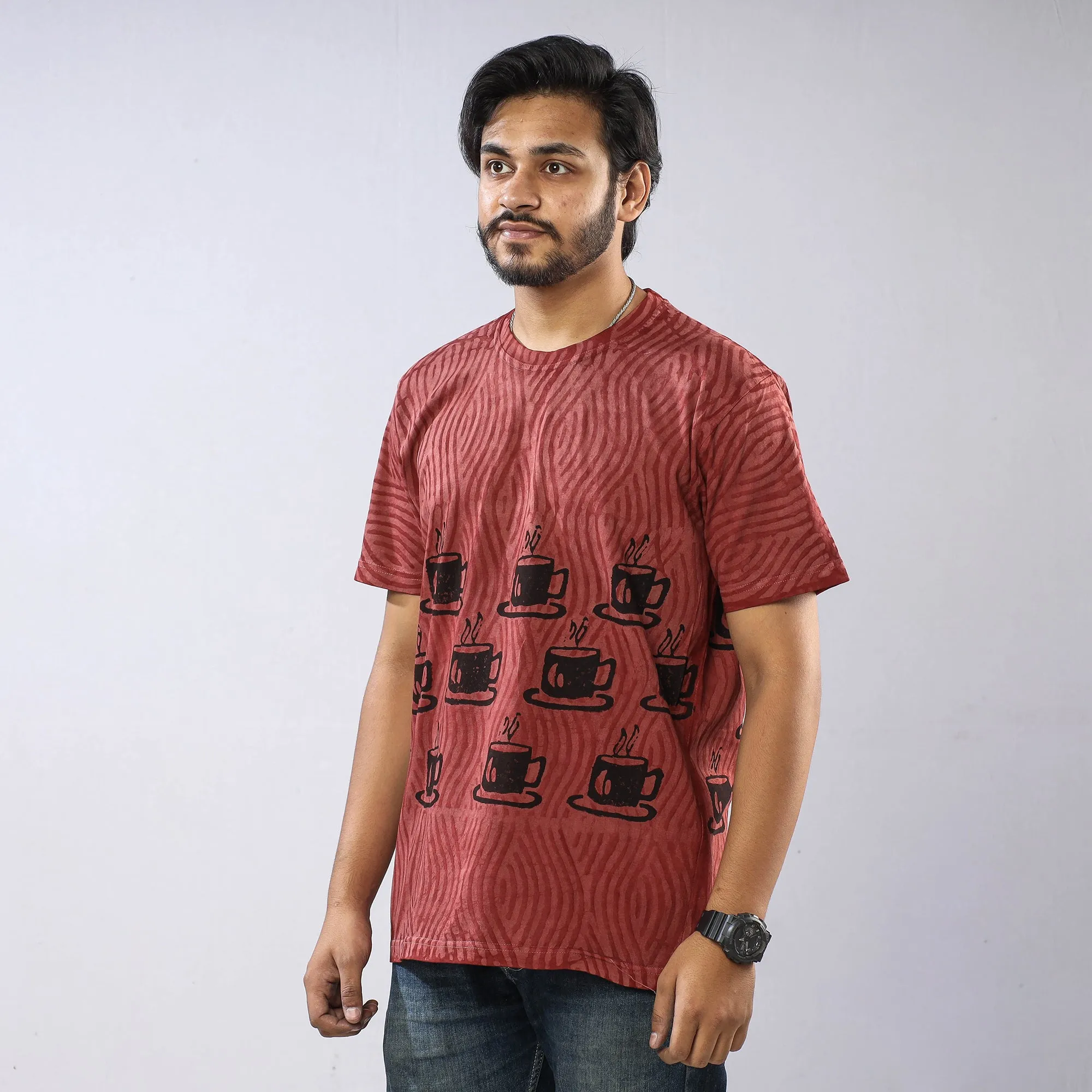 Maroon - Bindaas Block Art Printed Cotton Round Neck T-shirt