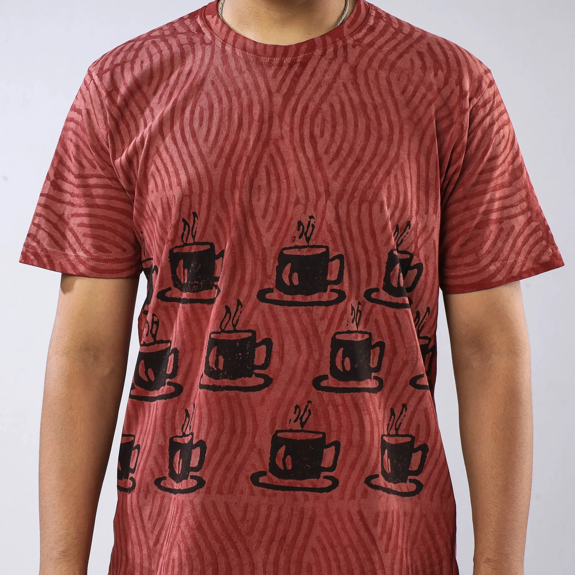 Maroon - Bindaas Block Art Printed Cotton Round Neck T-shirt