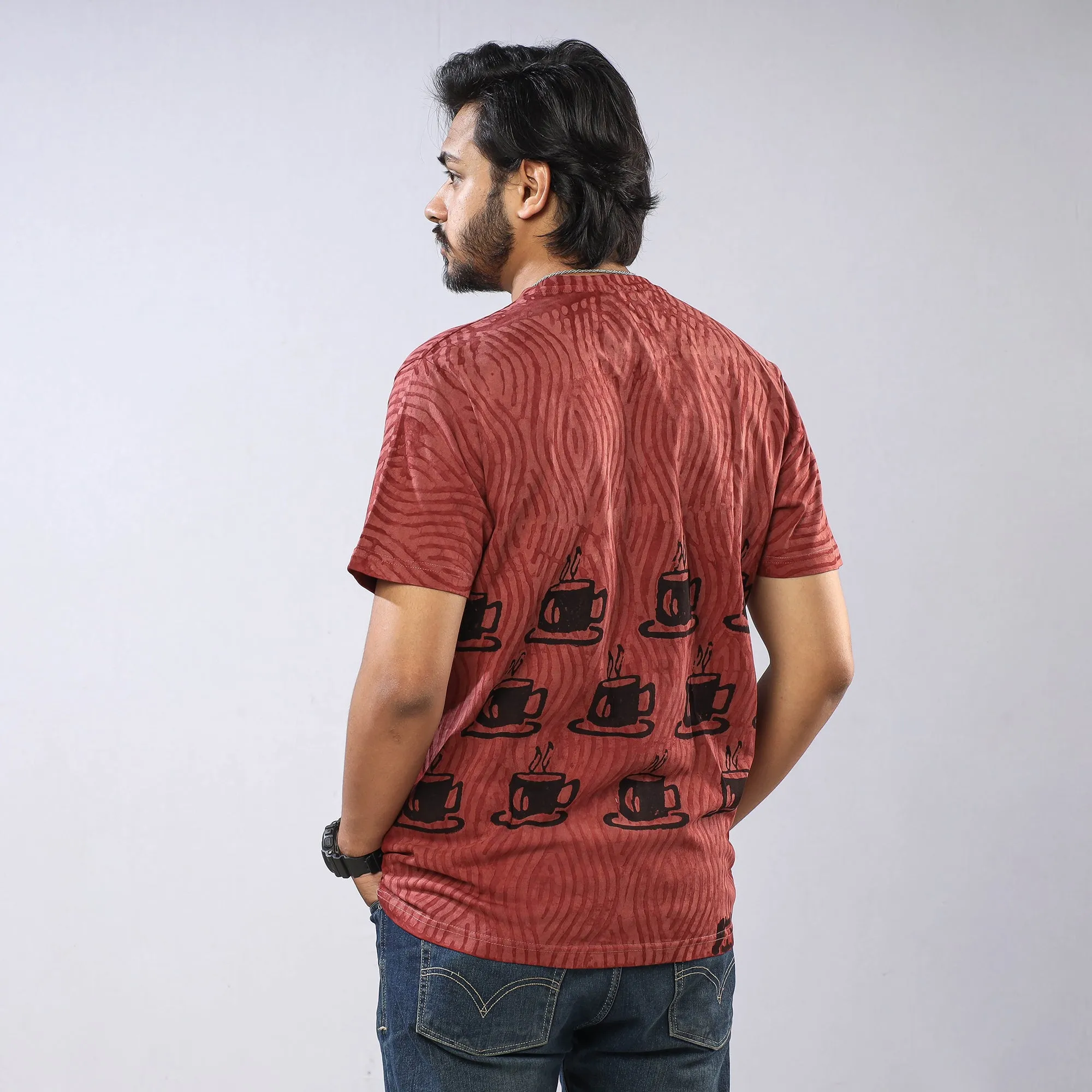 Maroon - Bindaas Block Art Printed Cotton Round Neck T-shirt