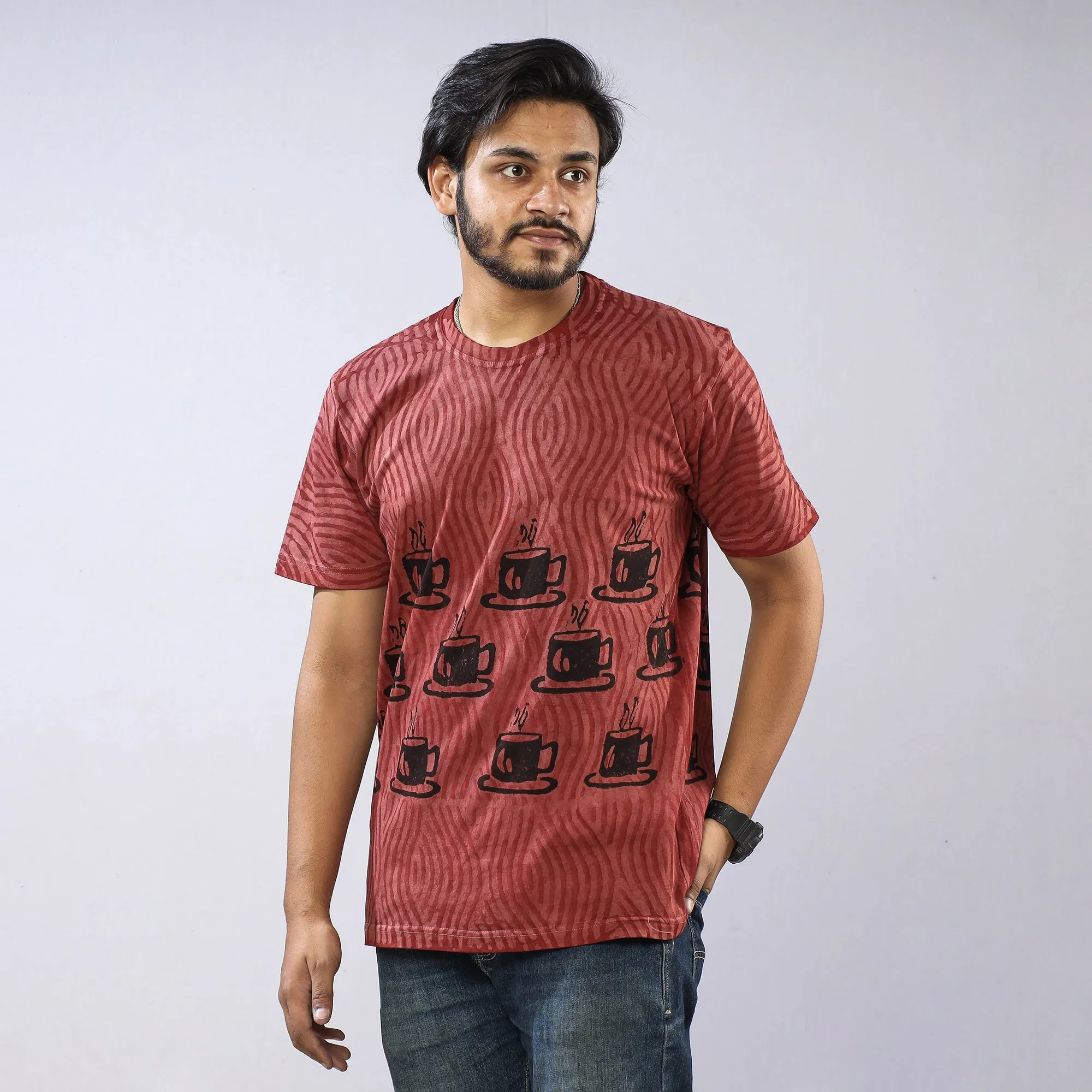 Maroon - Bindaas Block Art Printed Cotton Round Neck T-shirt