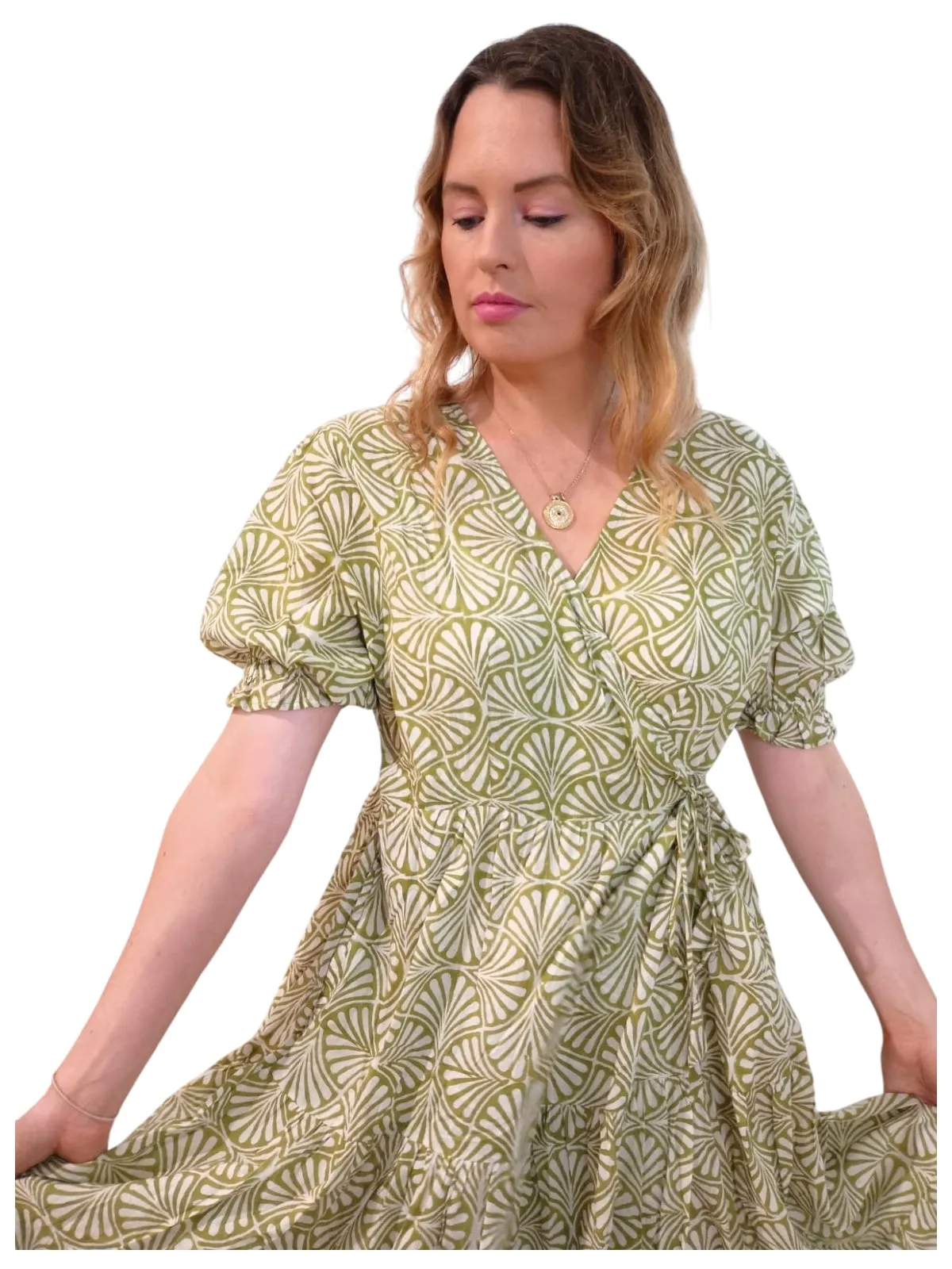 Melange - Indian Block Print Wrap Midi Dress - Pale Green