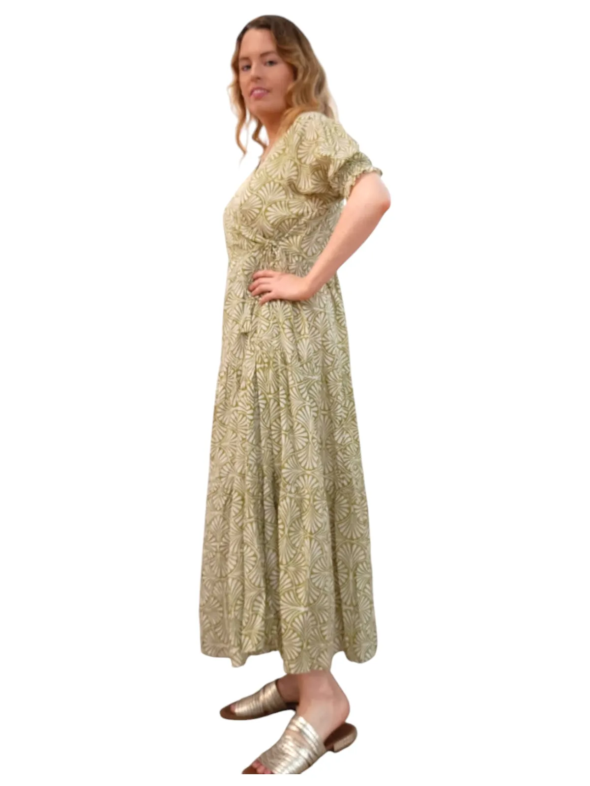 Melange - Indian Block Print Wrap Midi Dress - Pale Green