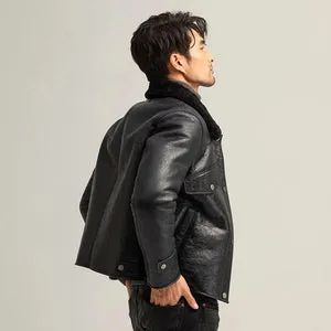 Men's Black Shearling Pilot Sheepskin Leather Jacket