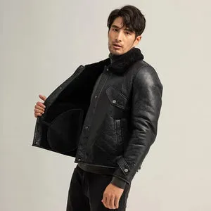 Men's Black Shearling Pilot Sheepskin Leather Jacket