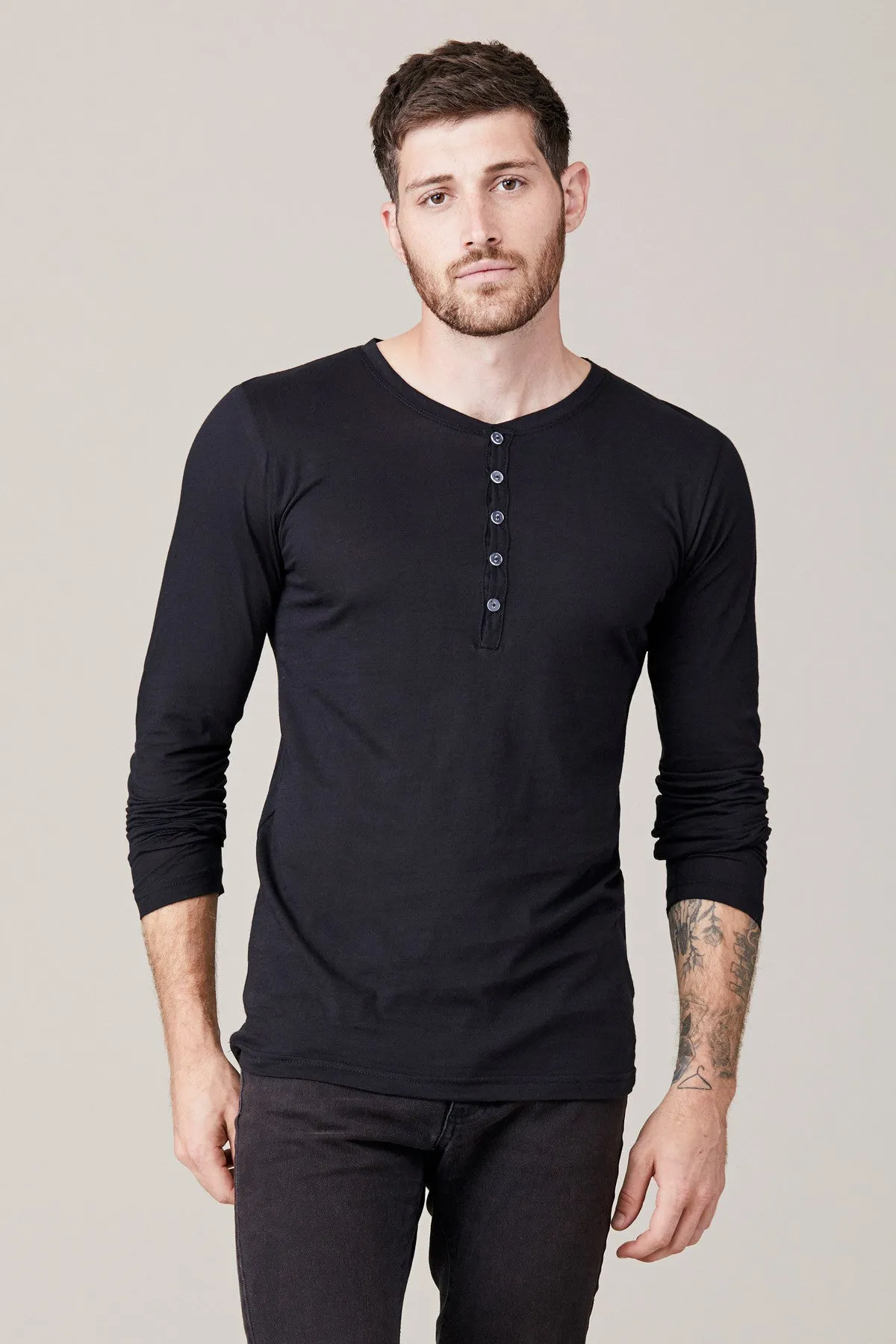 Men's Long Sleeve Button Henley - Black