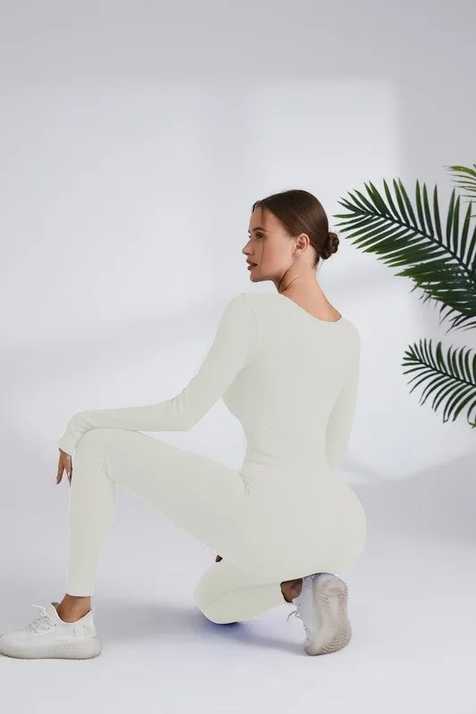 Milky White Square Neck Ribbed Long Sleeve Jumpsuit