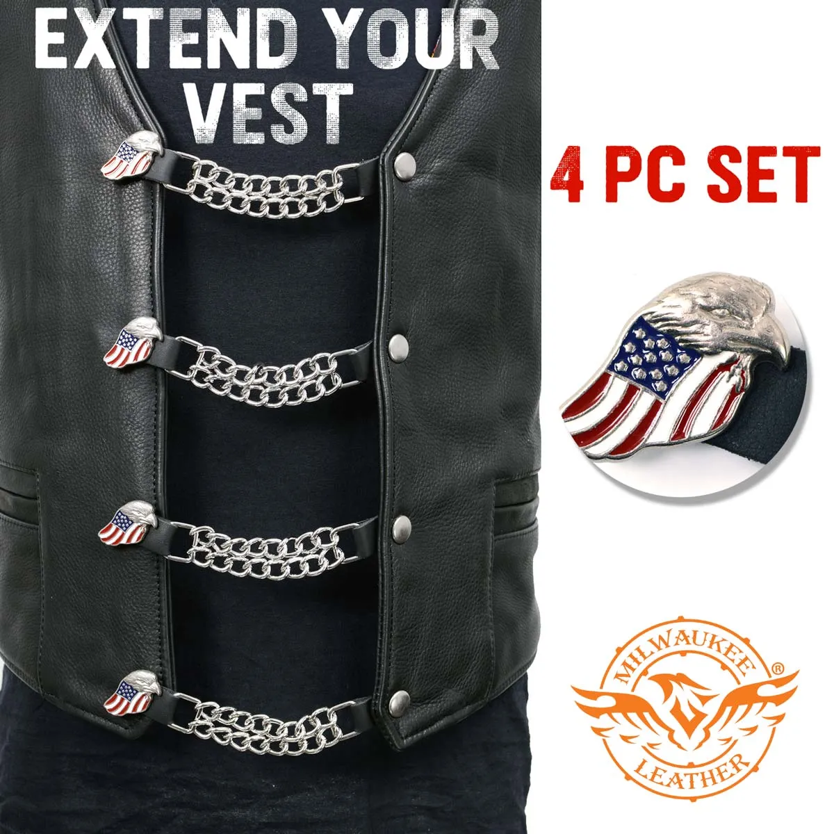 Milwaukee Leather Eagle Flag Medallion Vest Extender Double Chrome Chains Genuine Leather 6.5" Long 4-PC MLA6005SET