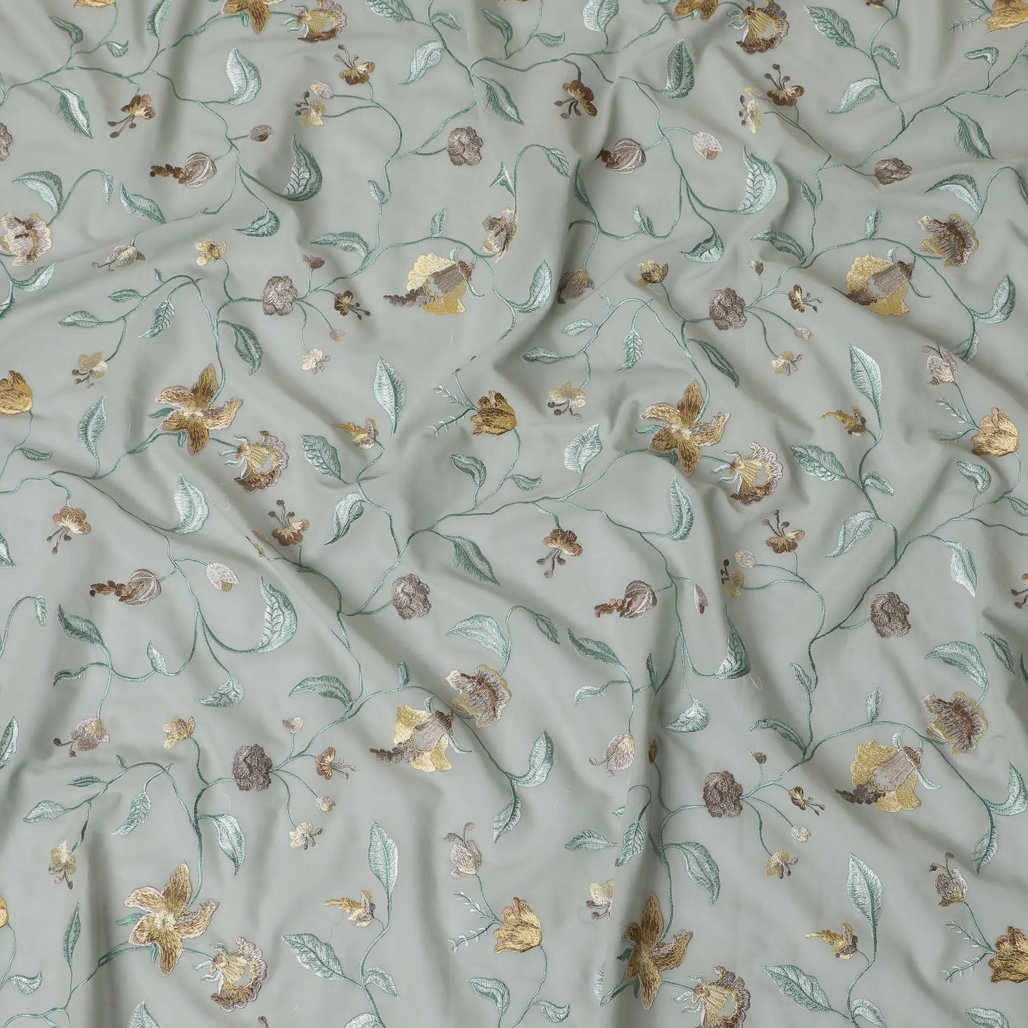 Mint Garden Gold-Accented Embroidered Cotton Voile Fabric, 110cm Wide - Crafted in India, Sold by the Meter-D18870