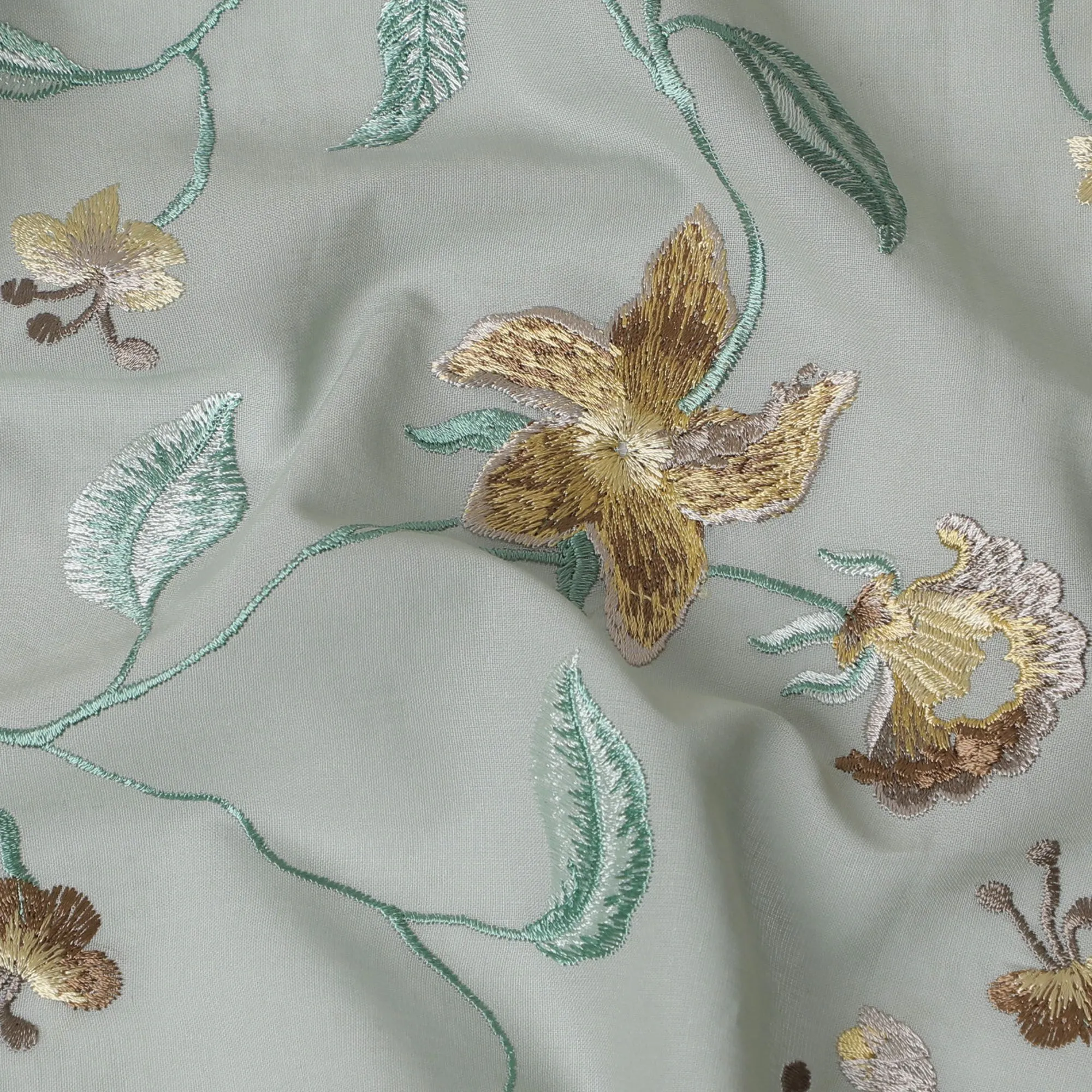 Mint Garden Gold-Accented Embroidered Cotton Voile Fabric, 110cm Wide - Crafted in India, Sold by the Meter-D18870