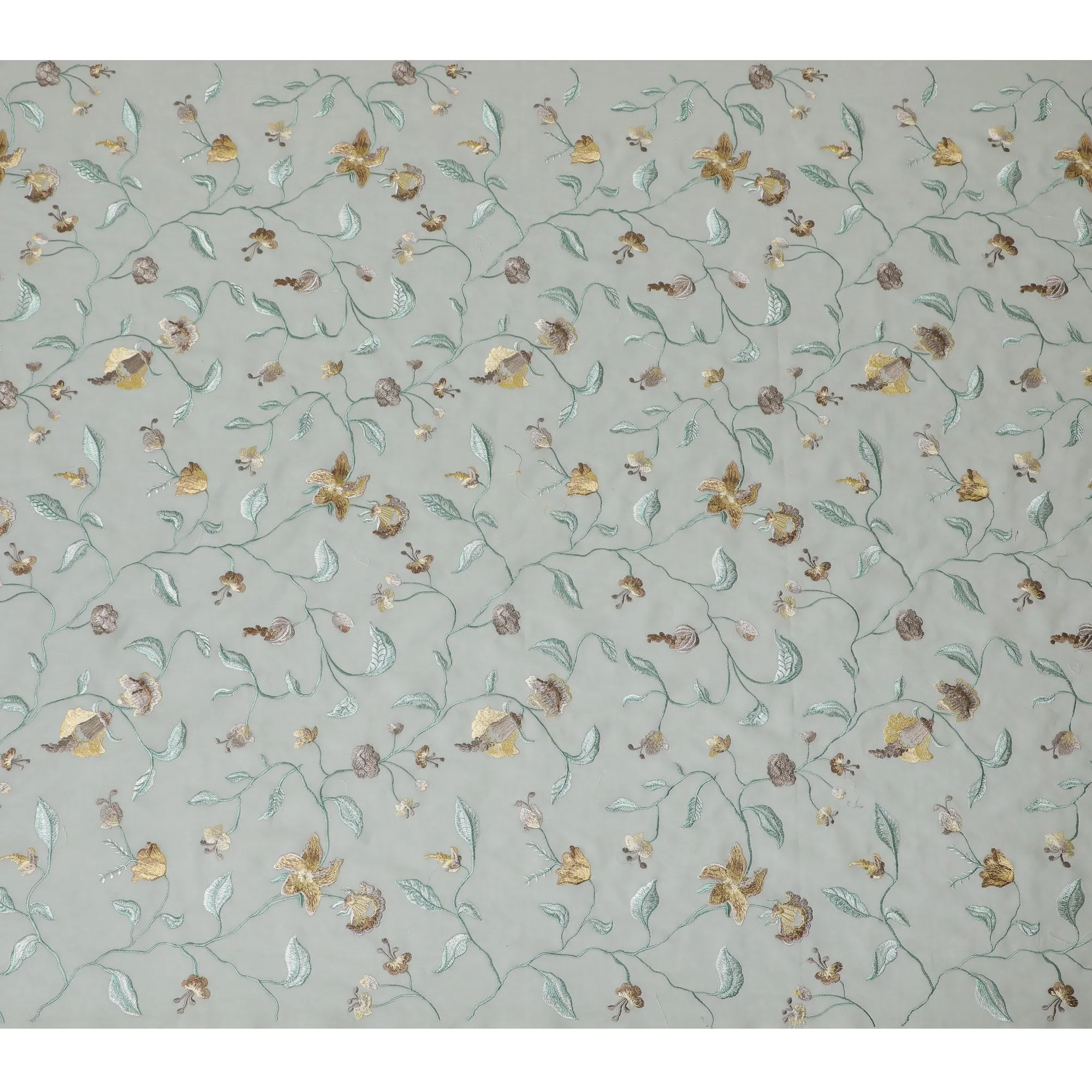 Mint Garden Gold-Accented Embroidered Cotton Voile Fabric, 110cm Wide - Crafted in India, Sold by the Meter-D18870