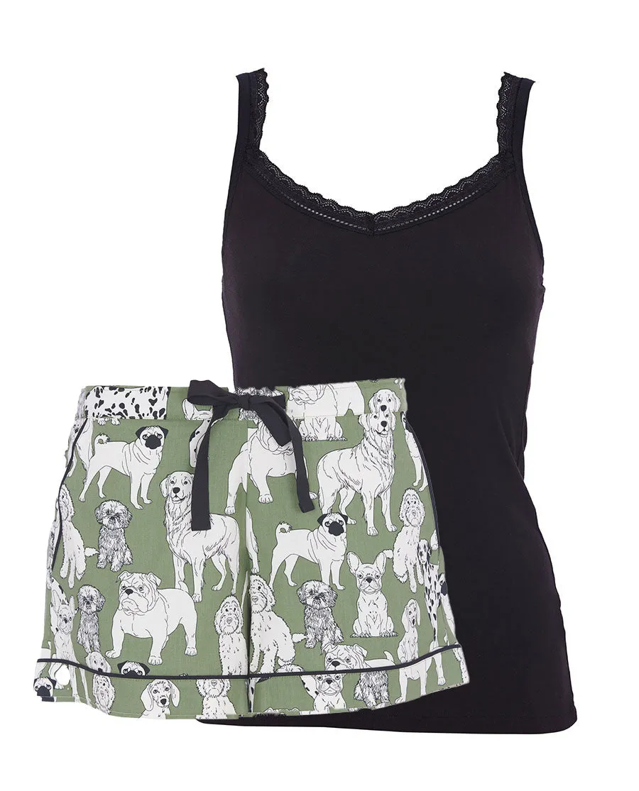 Nancy Womens Jersey Hidden Support Vest and Dog Print Shorty Set