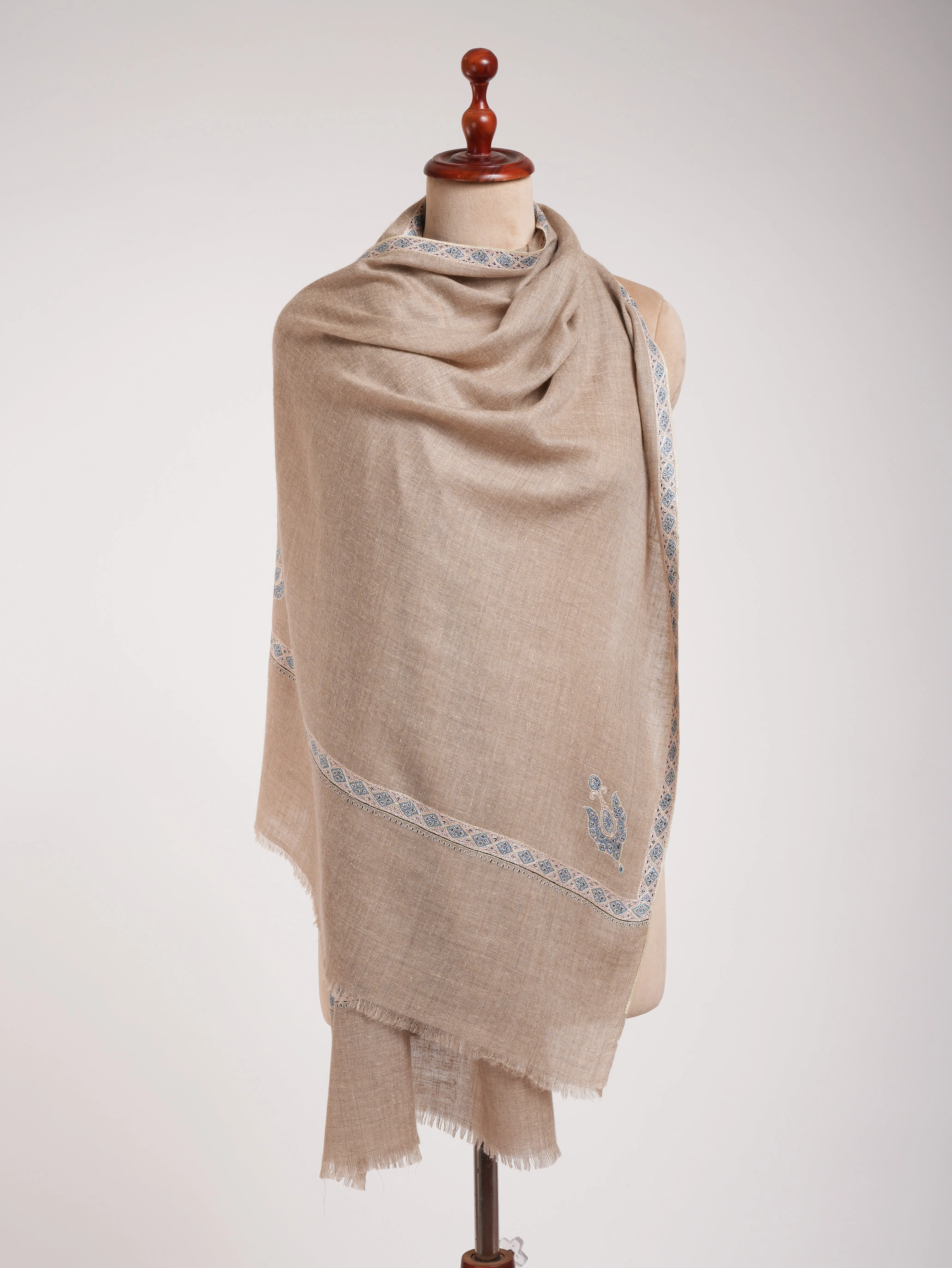 Natural Gray Indian Cashmere Embroidered Scarf