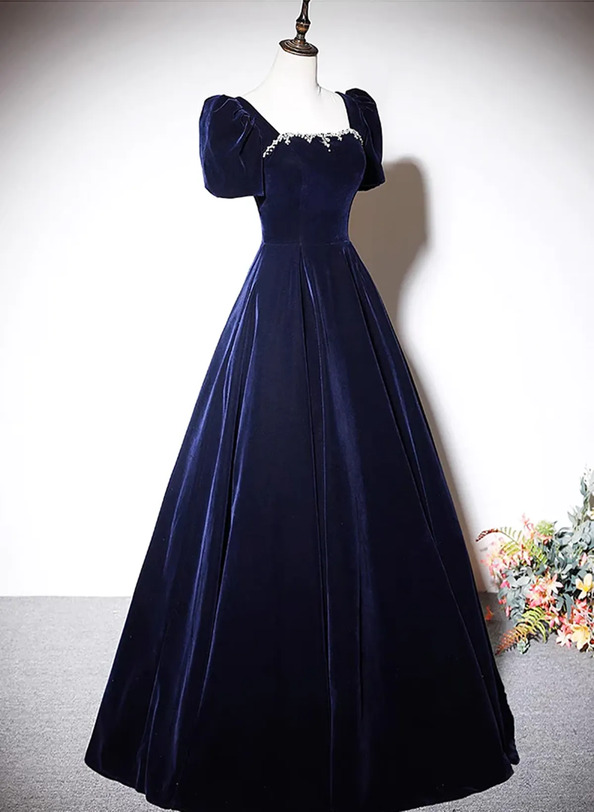 Navy Blue A-line Short Sleeves Velvet Party Dress, Navy Blue Long Prom Dress