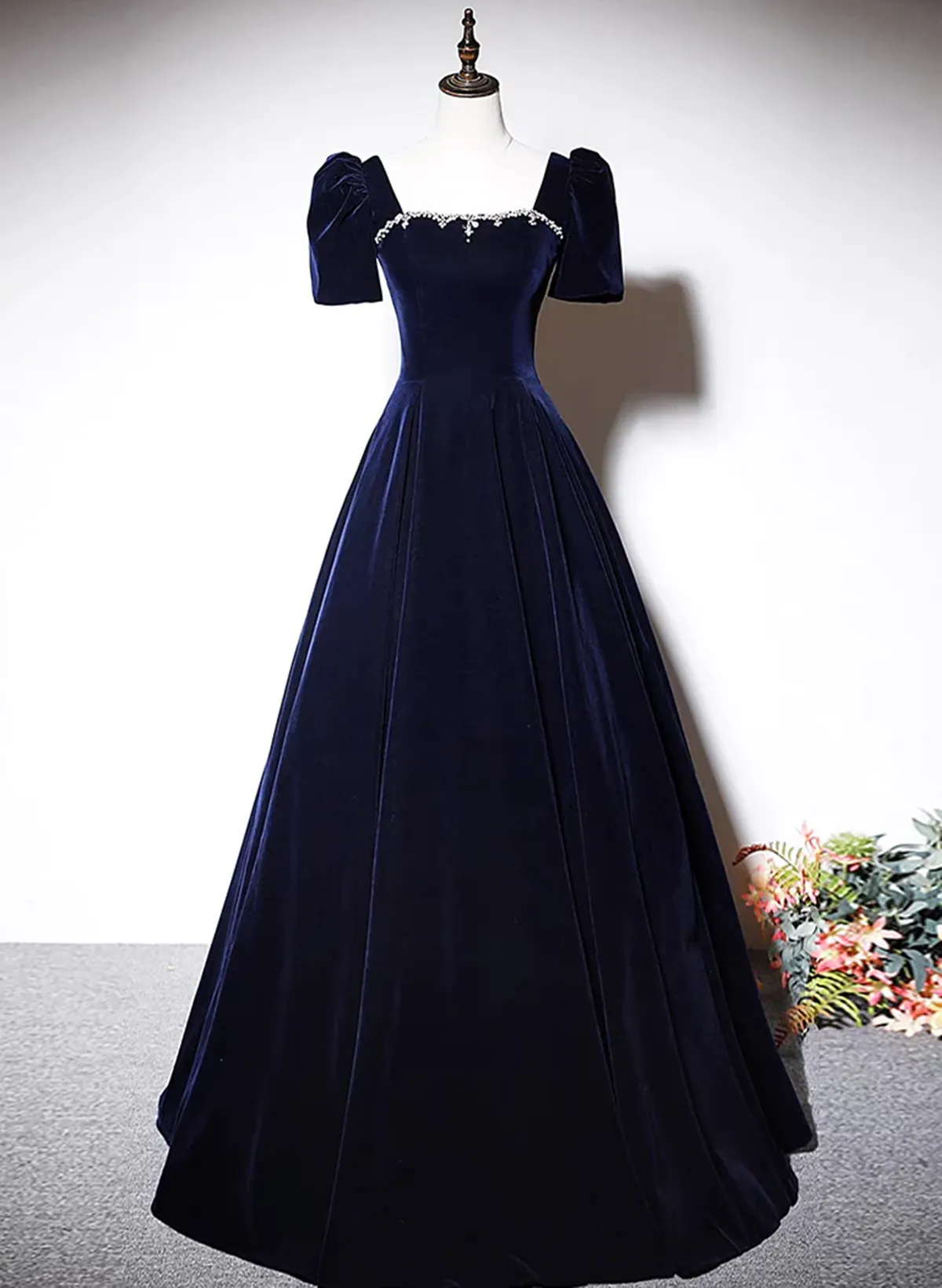 Navy Blue A-line Short Sleeves Velvet Party Dress, Navy Blue Long Prom Dress