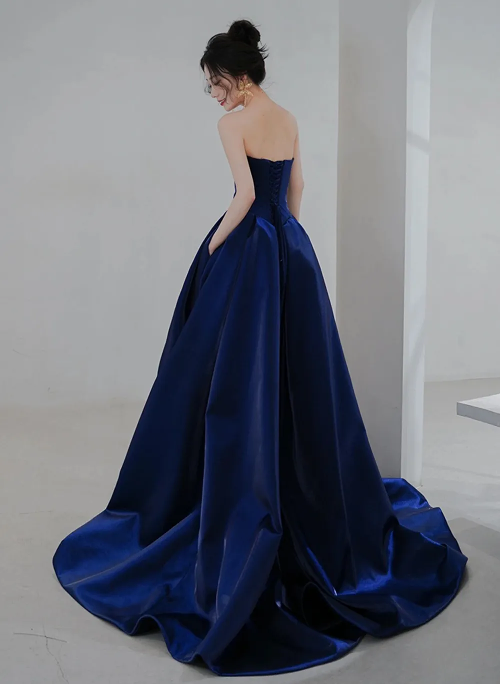 Navy Blue Simple Satin A-line Long Prom Dress, Navy Blue Formal Dress Evening Dress