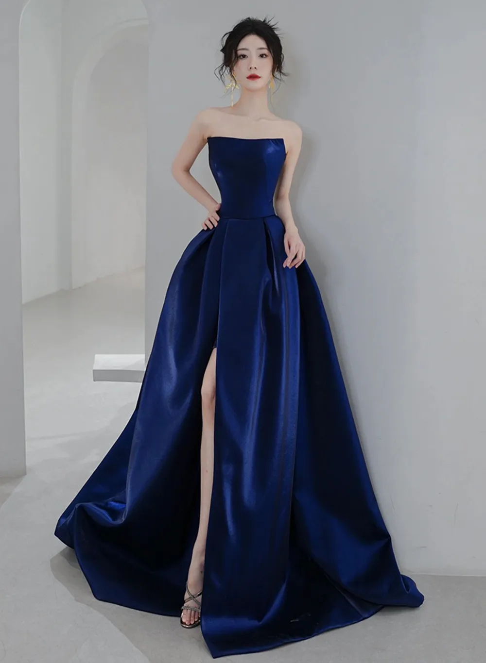 Navy Blue Simple Satin A-line Long Prom Dress, Navy Blue Formal Dress Evening Dress