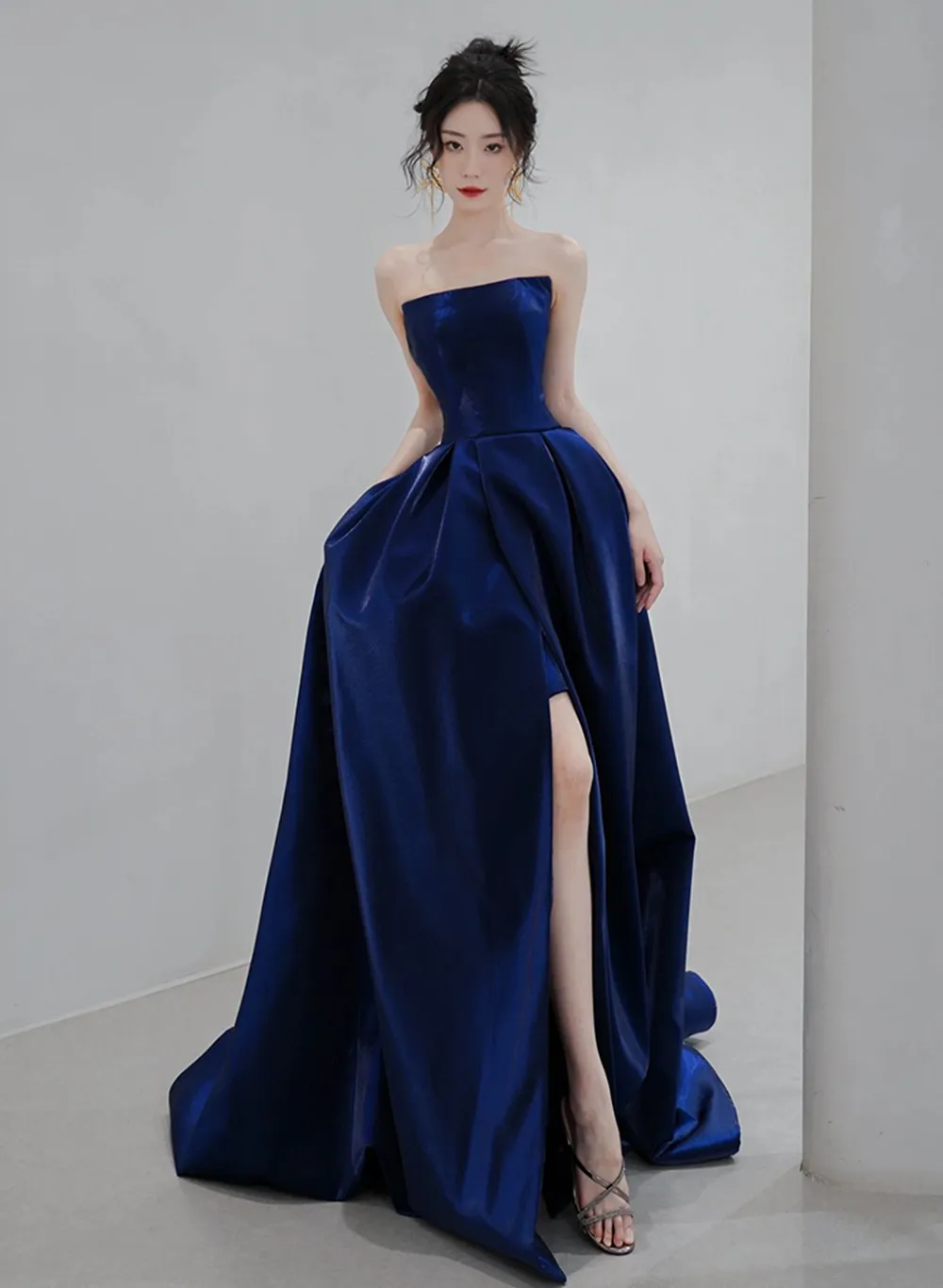 Navy Blue Simple Satin A-line Long Prom Dress, Navy Blue Formal Dress Evening Dress