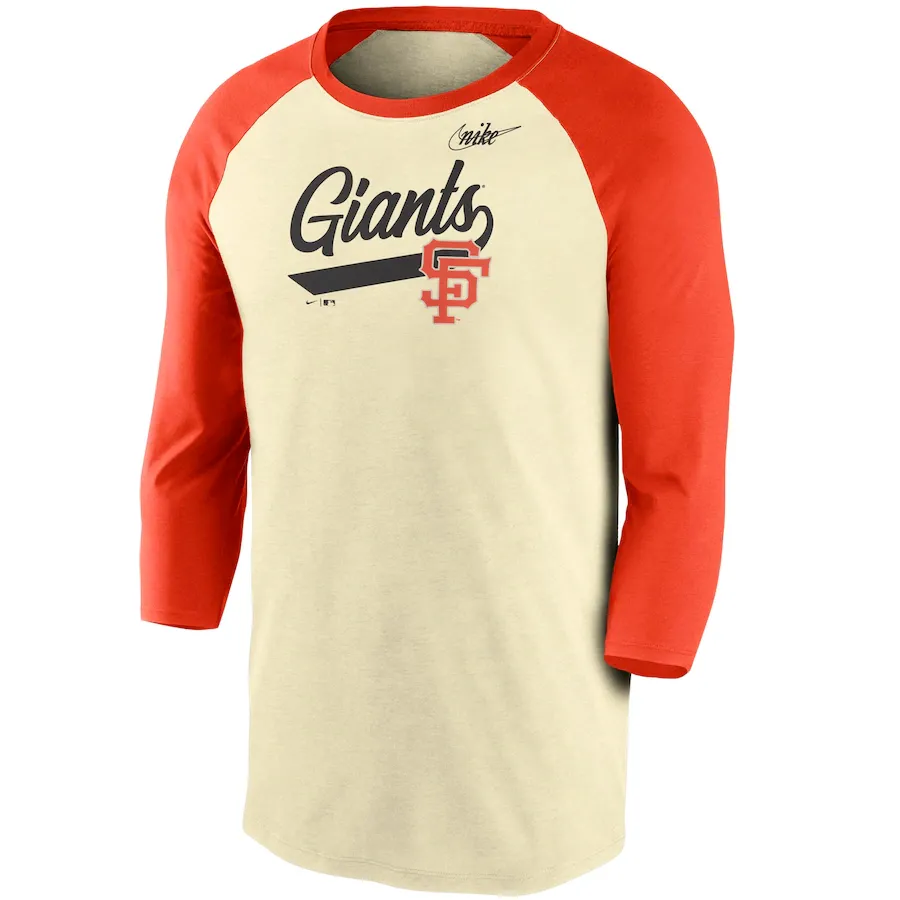 Nike San Francisco Giants Cooperstown Collection Script Tri-Blend 3/4 Sleeve Raglan T-Shirt–Cream/Orange