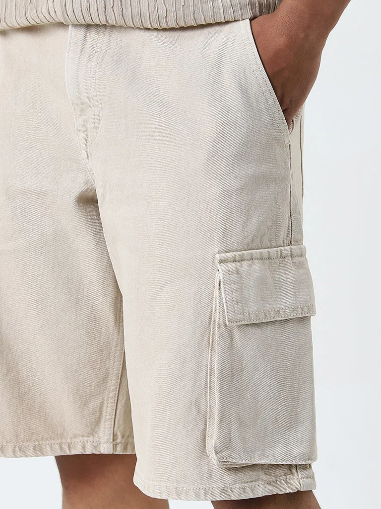 Nuon Beige Cargo-Style Mid-Rise Relaxed-Fit Cotton Shorts