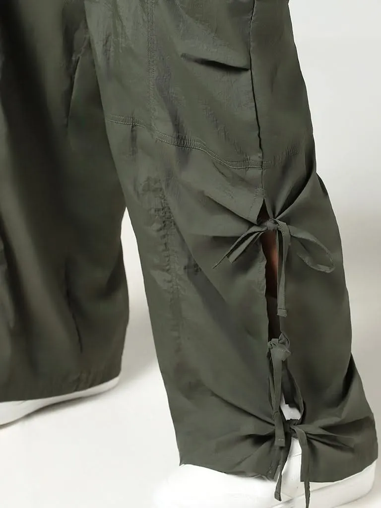 Nuon Olive Tie-Up Detail Parachute Pants