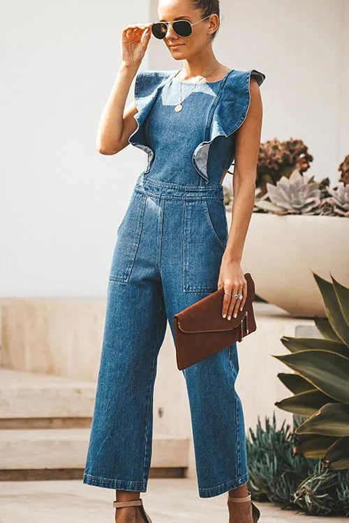 Off on an Adventure Denim Backless Jumpsuit