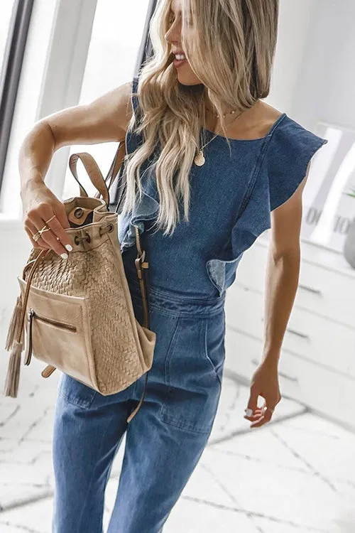 Off on an Adventure Denim Backless Jumpsuit