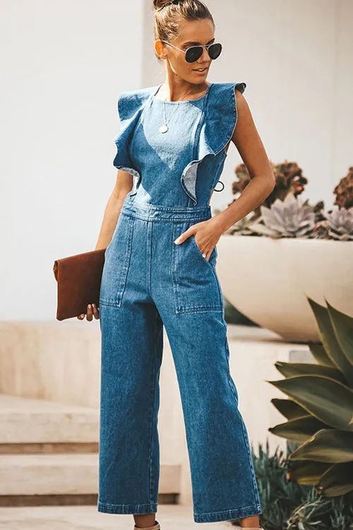 Off on an Adventure Denim Backless Jumpsuit