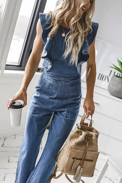 Off on an Adventure Denim Backless Jumpsuit