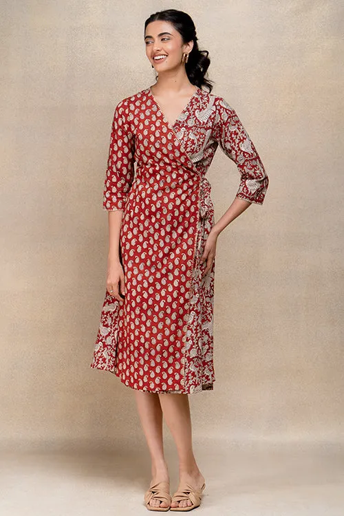 Okhai "Soaring Robin" Handblock Printed Pure Cotton Wrap Dress