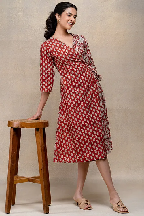 Okhai "Soaring Robin" Handblock Printed Pure Cotton Wrap Dress