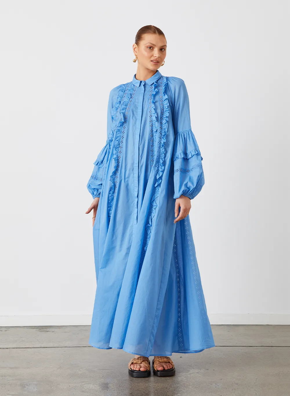 OLYMPIA ORGANIC COTTON MAXI SMOCK SHIRT DRESS | CERULEAN BLUE