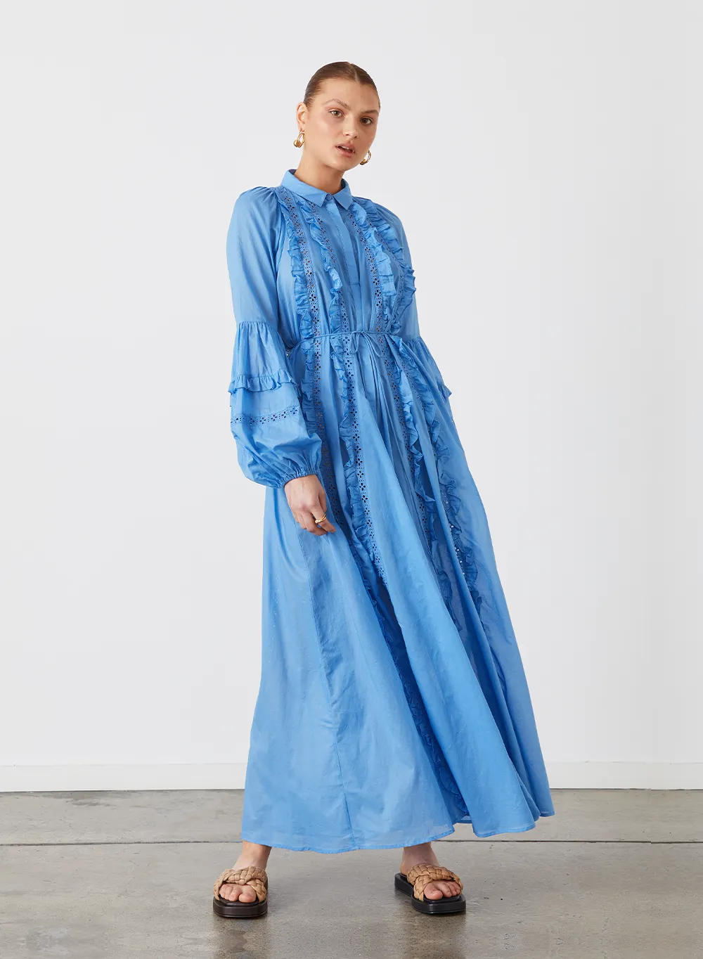 OLYMPIA ORGANIC COTTON MAXI SMOCK SHIRT DRESS | CERULEAN BLUE