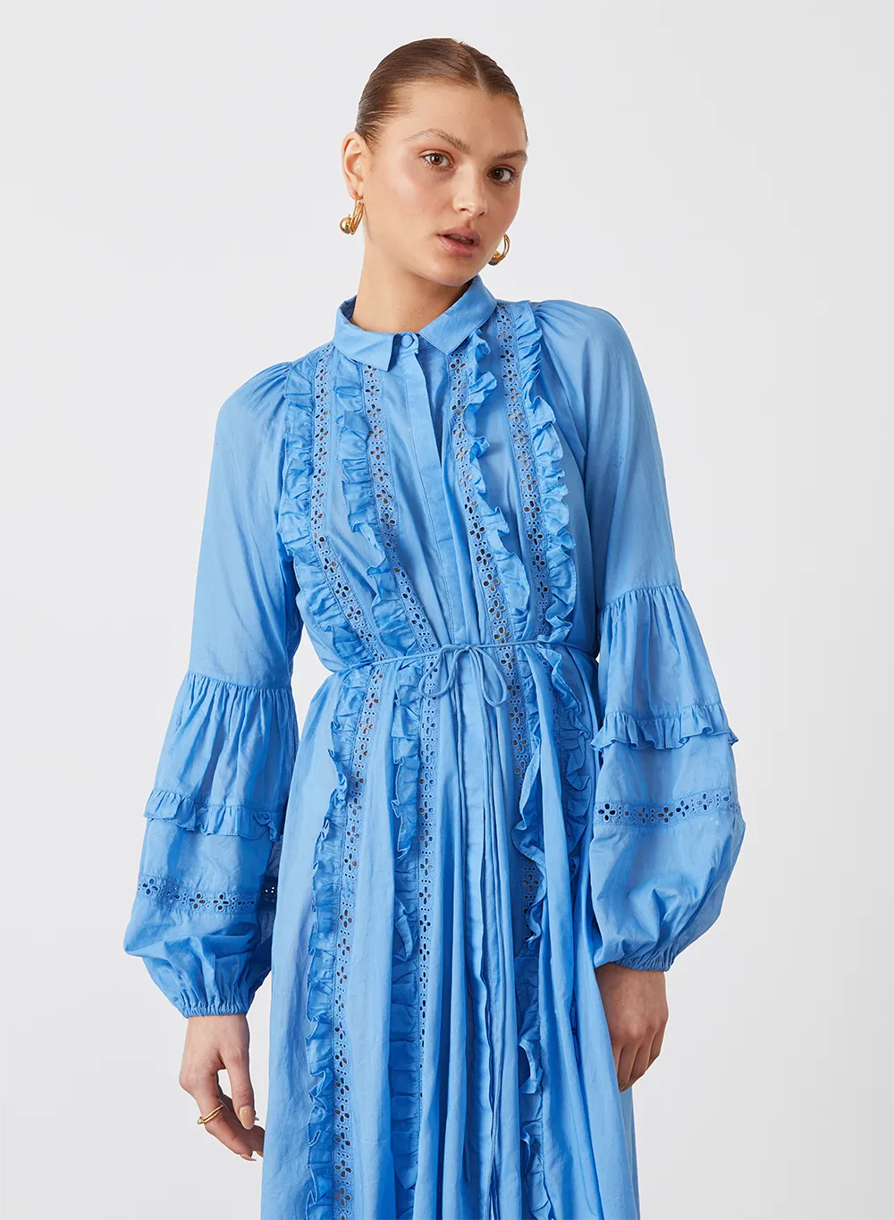 OLYMPIA ORGANIC COTTON MAXI SMOCK SHIRT DRESS | CERULEAN BLUE