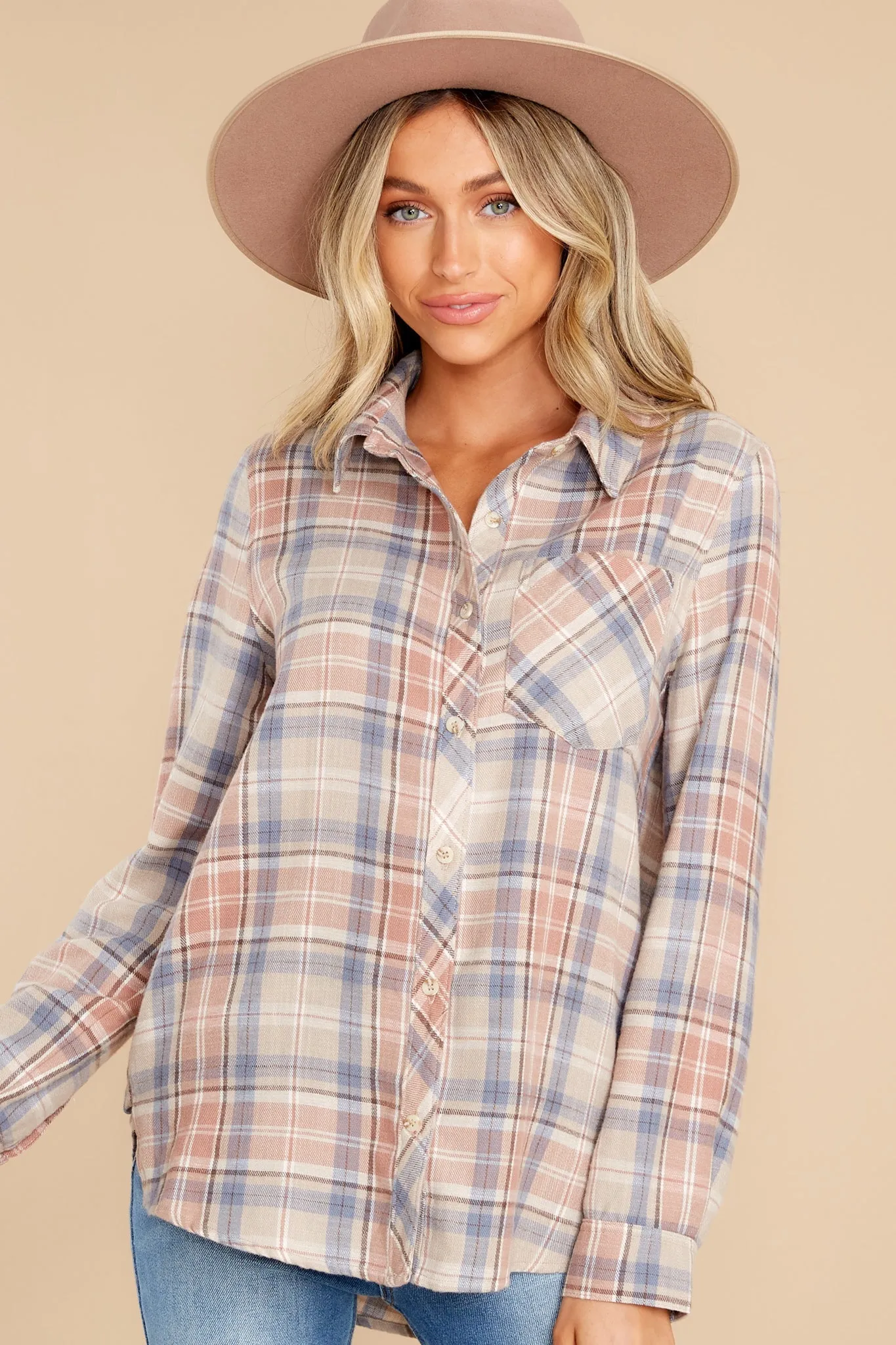 Open Season Tan Plaid Top