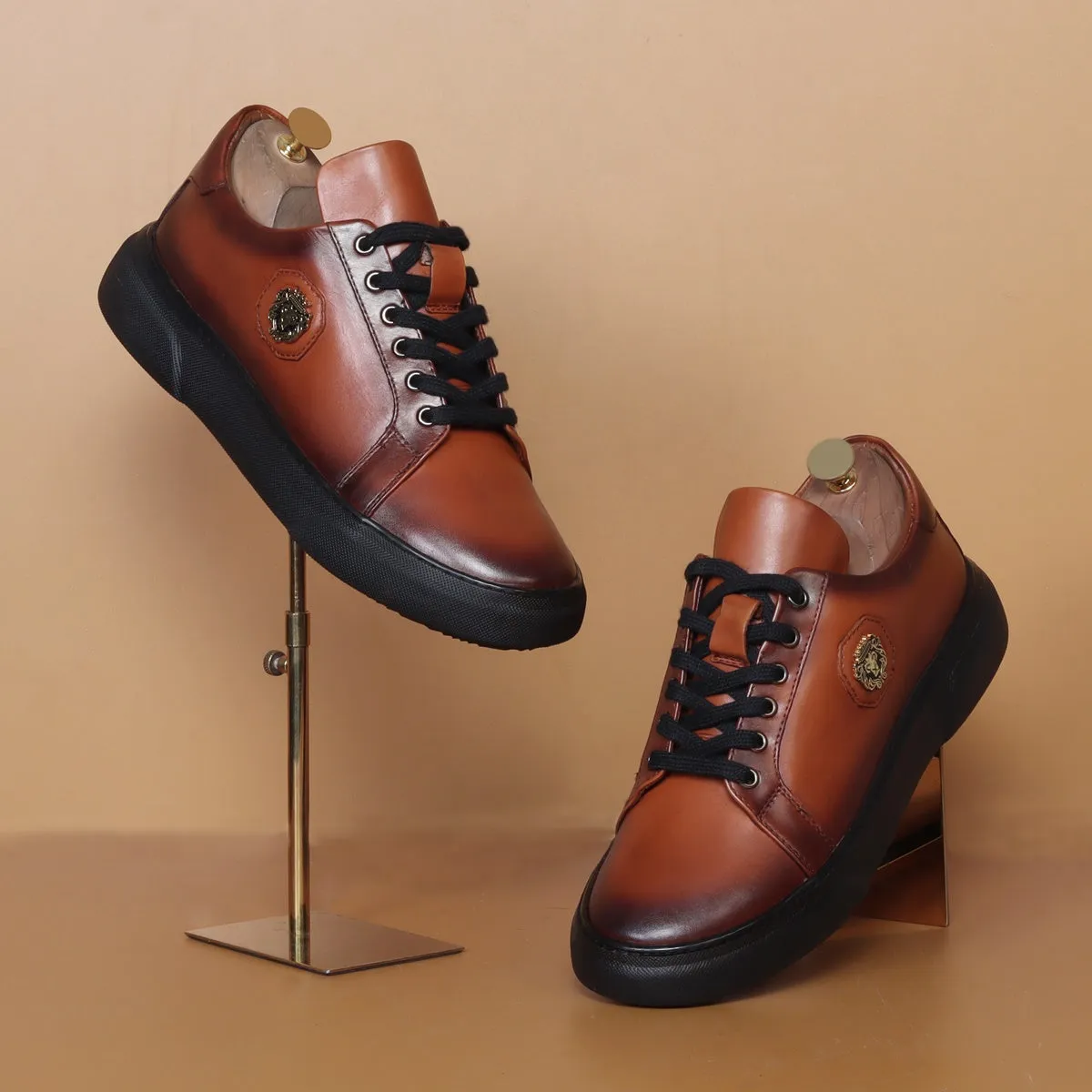 Orangish Tan Leather Lace-up Sneakers with Metal Lion logo on Quarter