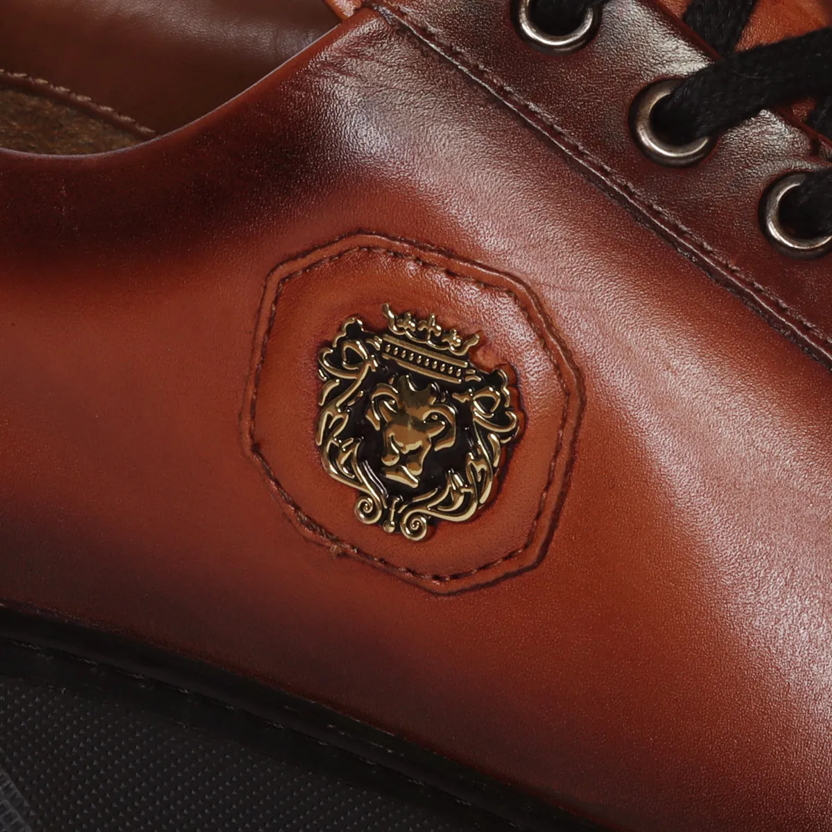 Orangish Tan Leather Lace-up Sneakers with Metal Lion logo on Quarter