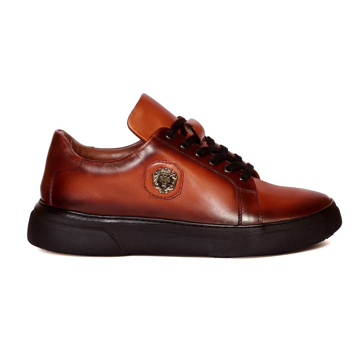 Orangish Tan Leather Lace-up Sneakers with Metal Lion logo on Quarter