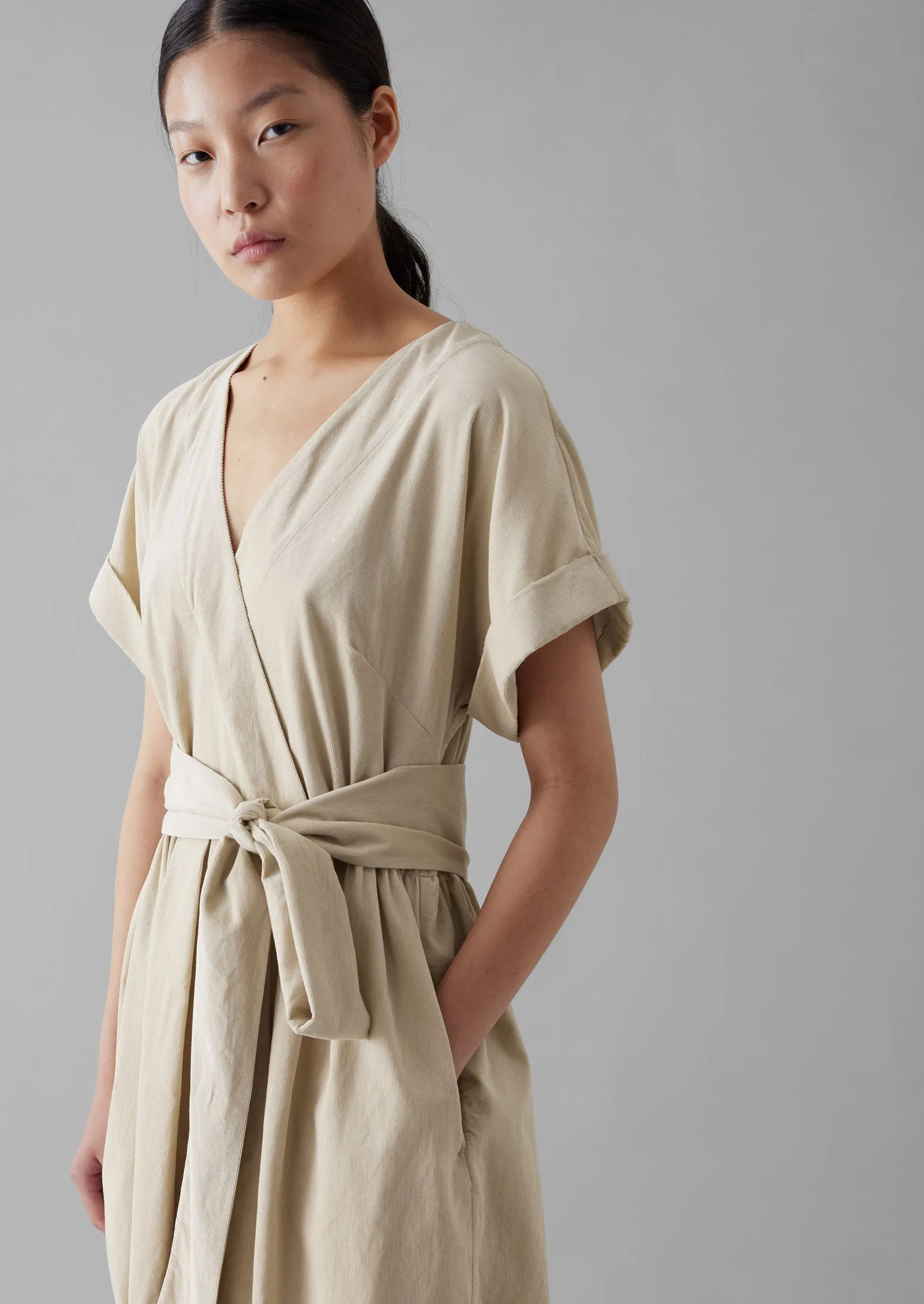 Organic Needlecord Wrap Front Dress | Moonstone